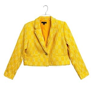 Ann Taylor Womens Cropped Tweed Blazer 10 Yellow Metallic Fringe Office Business